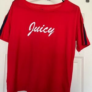 Cute red juicy top with blue stripes at the top of the sleeves